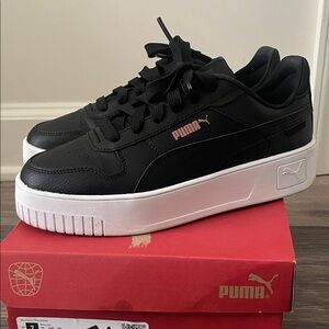 Puma Black Leather Sneakers with White Platform and Pink Logo
